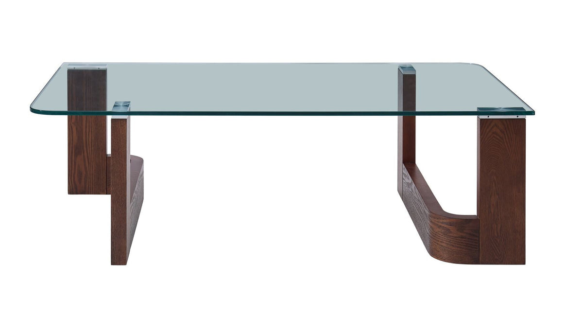 Anabelle 52" Coffee Table - Brandy front view with clear rectangular glass top and sculpted wood supports