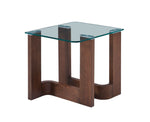 Anabelle 22" End Table - Brandy with clear glass top and sculpted wood base in a warm brown finish