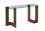 Anabelle 52" Sofa Table - Brandy with clear glass top and sculpted wood base in a warm brown finish