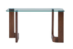 Anabelle 52" Sofa Table - Brandy front view with clear glass top and curved wood supports