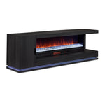 Arden 90" Fireplace TV Console - Washed Charcoal, angled view with orange flames and cool white crystal lighting
