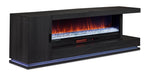 Arden 90" Fireplace TV Console - Washed Charcoal, angled view with orange flames and cool white crystal lighting