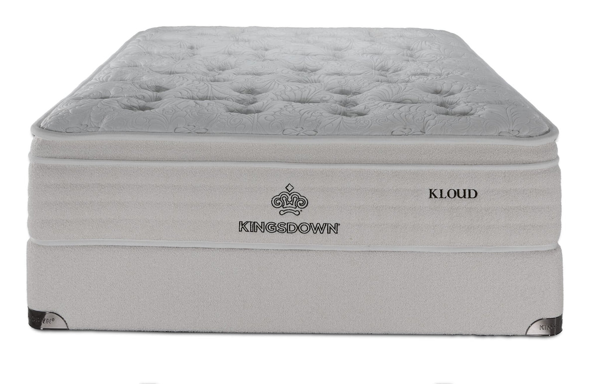 Front view of Kingsdown Atmosphere Firm Euro Top Queen Mattress and Boxspring Set with quilted surface and beige finish.