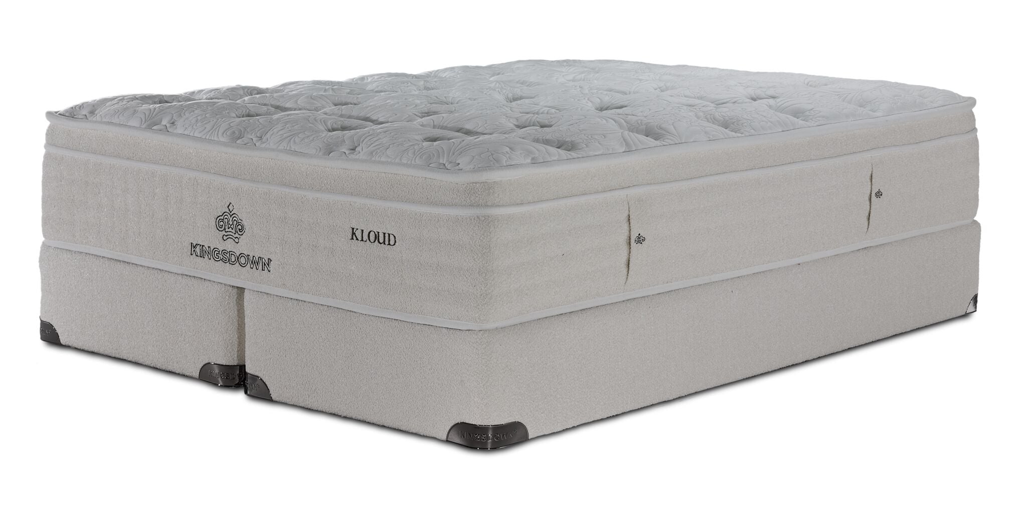 Kingsdown Atmosphere Firm Euro Top King Mattress and Split Boxspring Set with quilted top and beige finish.