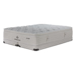 Three-quarter view of Kingsdown Atmosphere Firm Euro Top King Mattress and Low Profile Boxspring Set in beige.