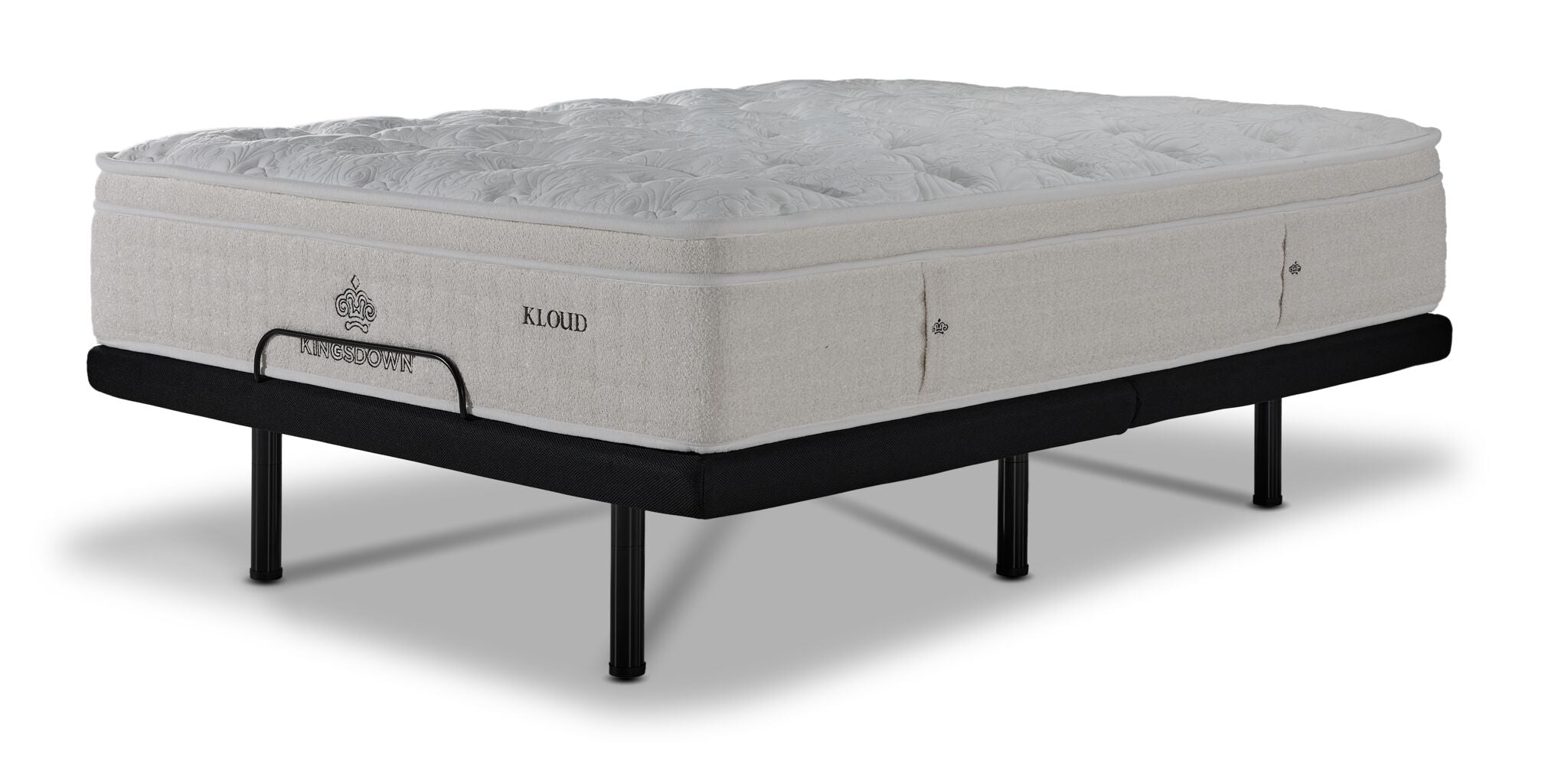Kingsdown Atmosphere Firm Euro Top Queen Mattress on flat L2 Lux Adjustable Base, shown from a three-quarter view.