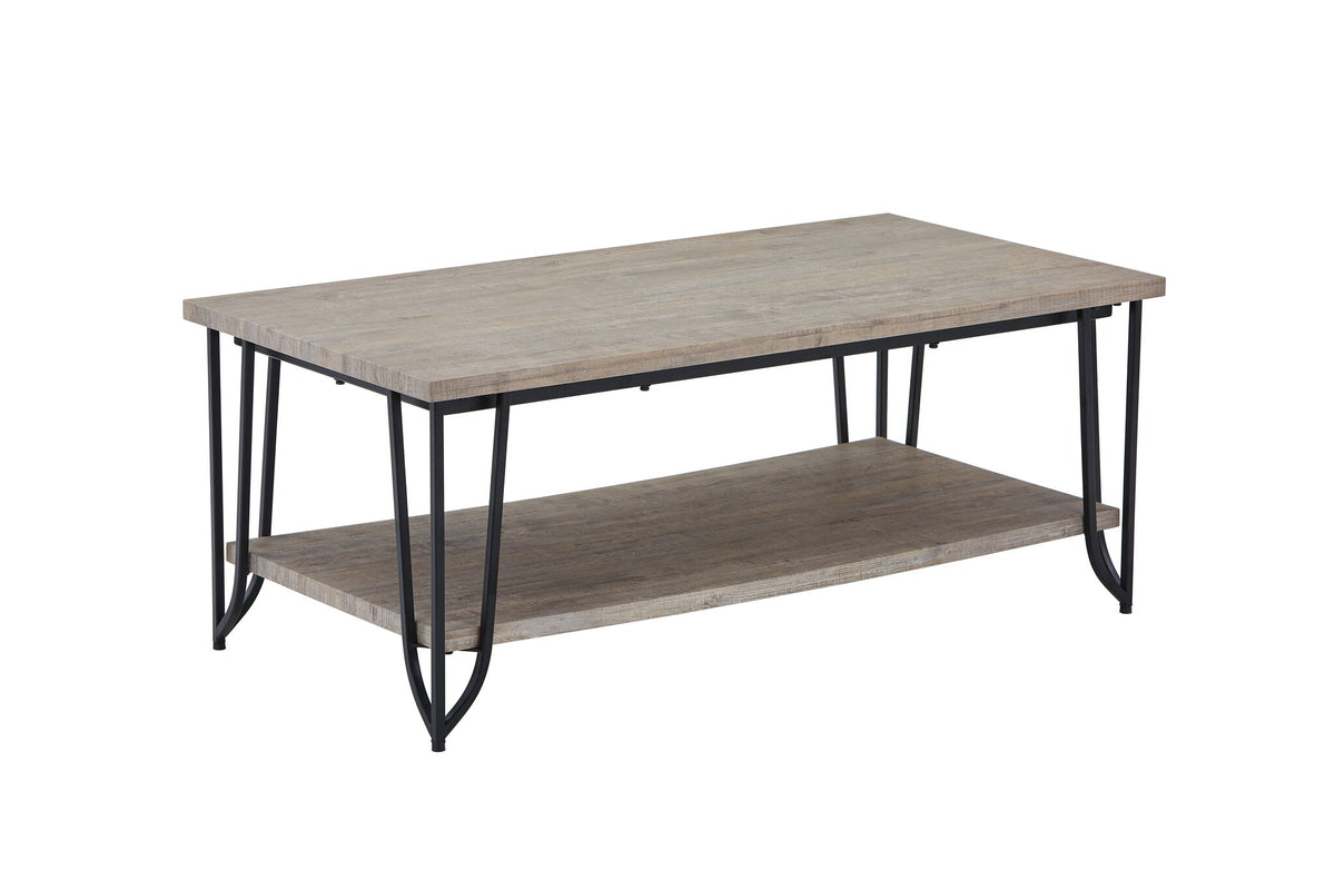 Bennet rustic oak coffee table angled view with black metal legs and full-length lower storage shelf