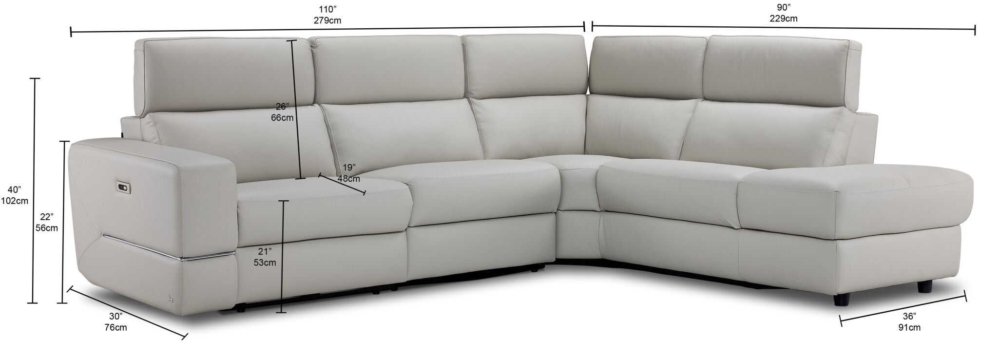 Bianca 3-Piece Power Sectional with Right Facing Chaise - Light Grey