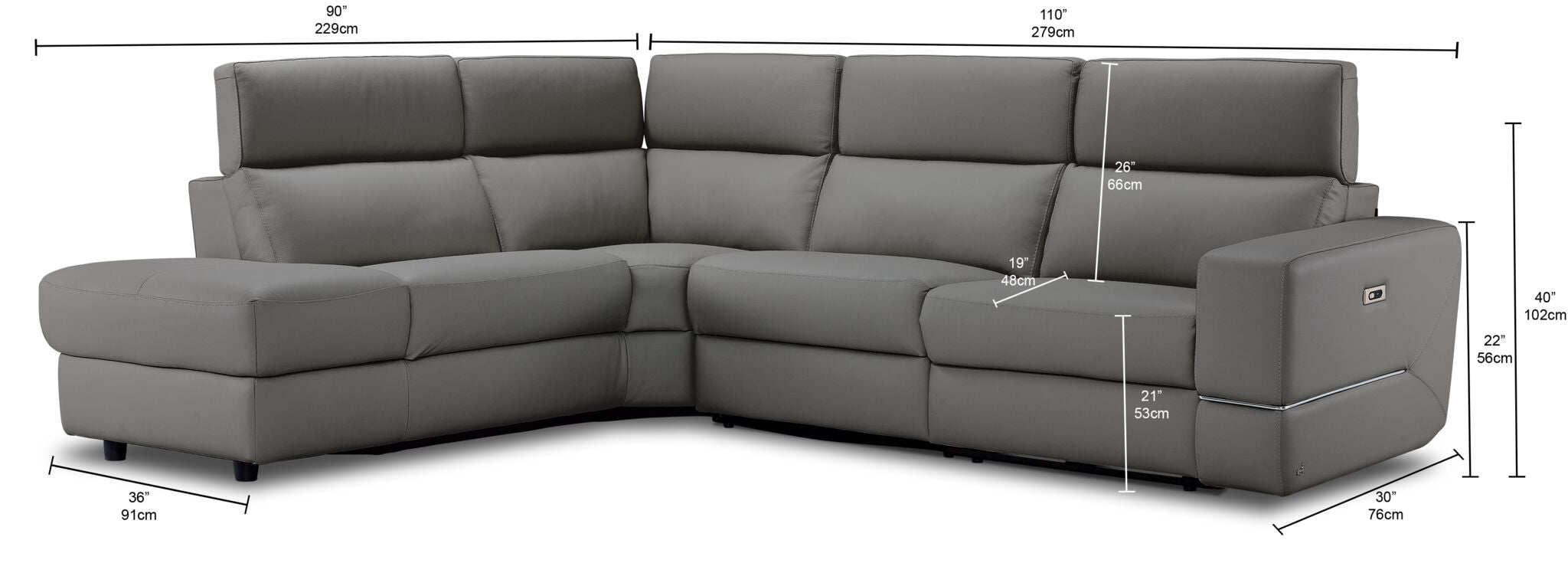 Bianca 3-Piece Power Sectional with Left Facing Chaise - Grey