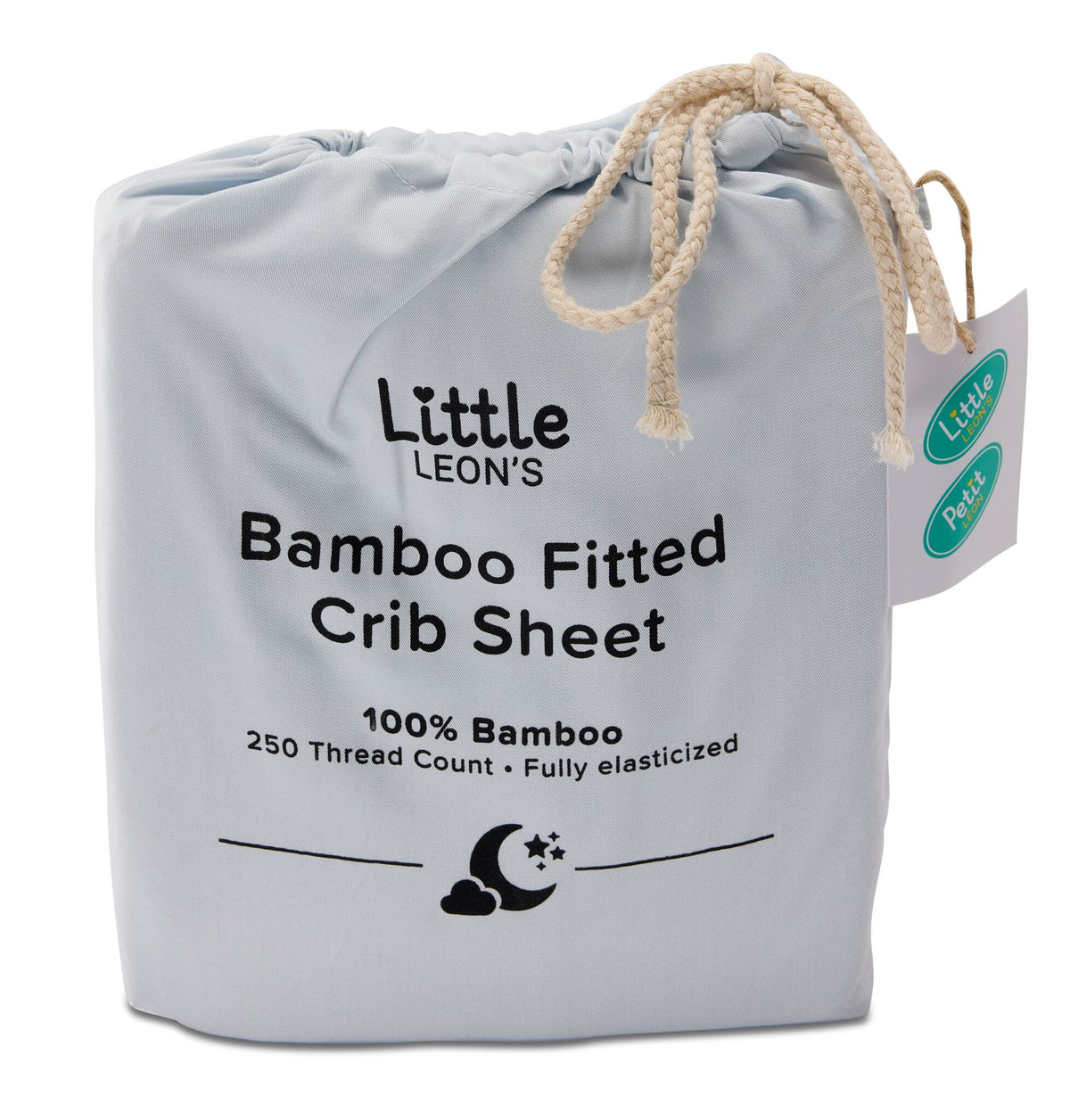 Little Leon’s Bamboo Fitted Crib Sheet in blue drawstring packaging with 100% bamboo and 250 thread count details