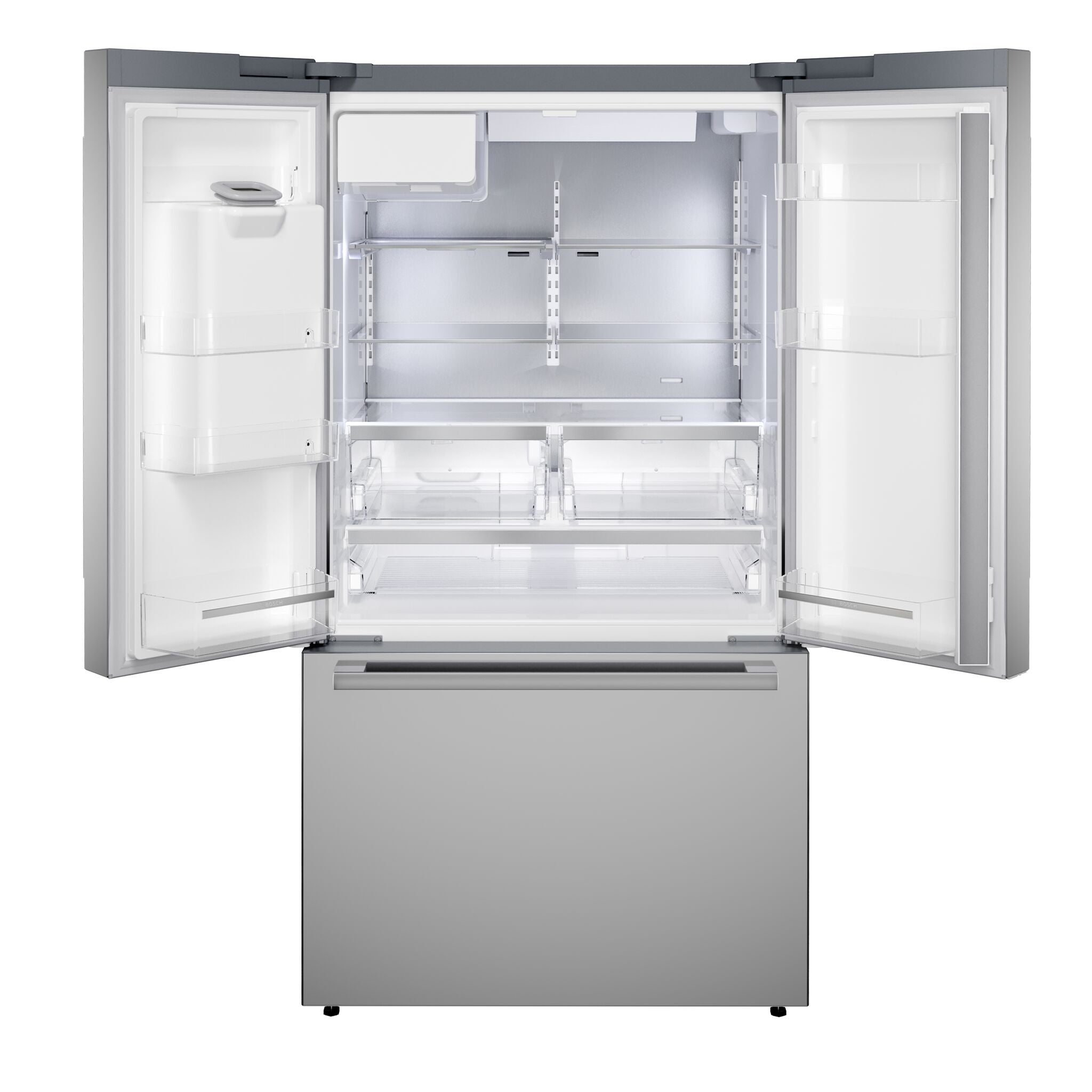 Open Bosch French door refrigerator showing empty shelves, door bins, crisper drawers and bottom freezer drawer