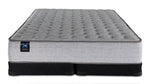 Sealy Burchelle Extra Firm Tight Top Queen mattress with black low profile split boxsprings, front view