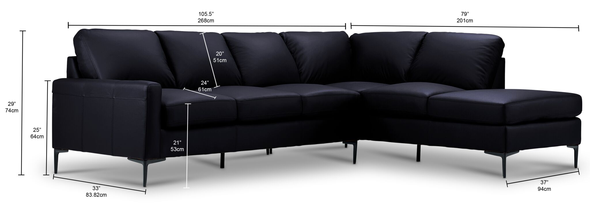 Chito Leather 2-Piece Sectional with Right Facing Chaise - Raven