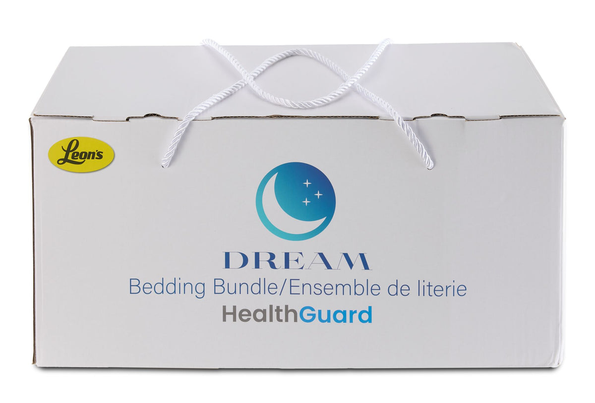 King 10-Piece White Dream Bedding Bundle packaged in a white Dream HealthGuard bedding box with carrying handles