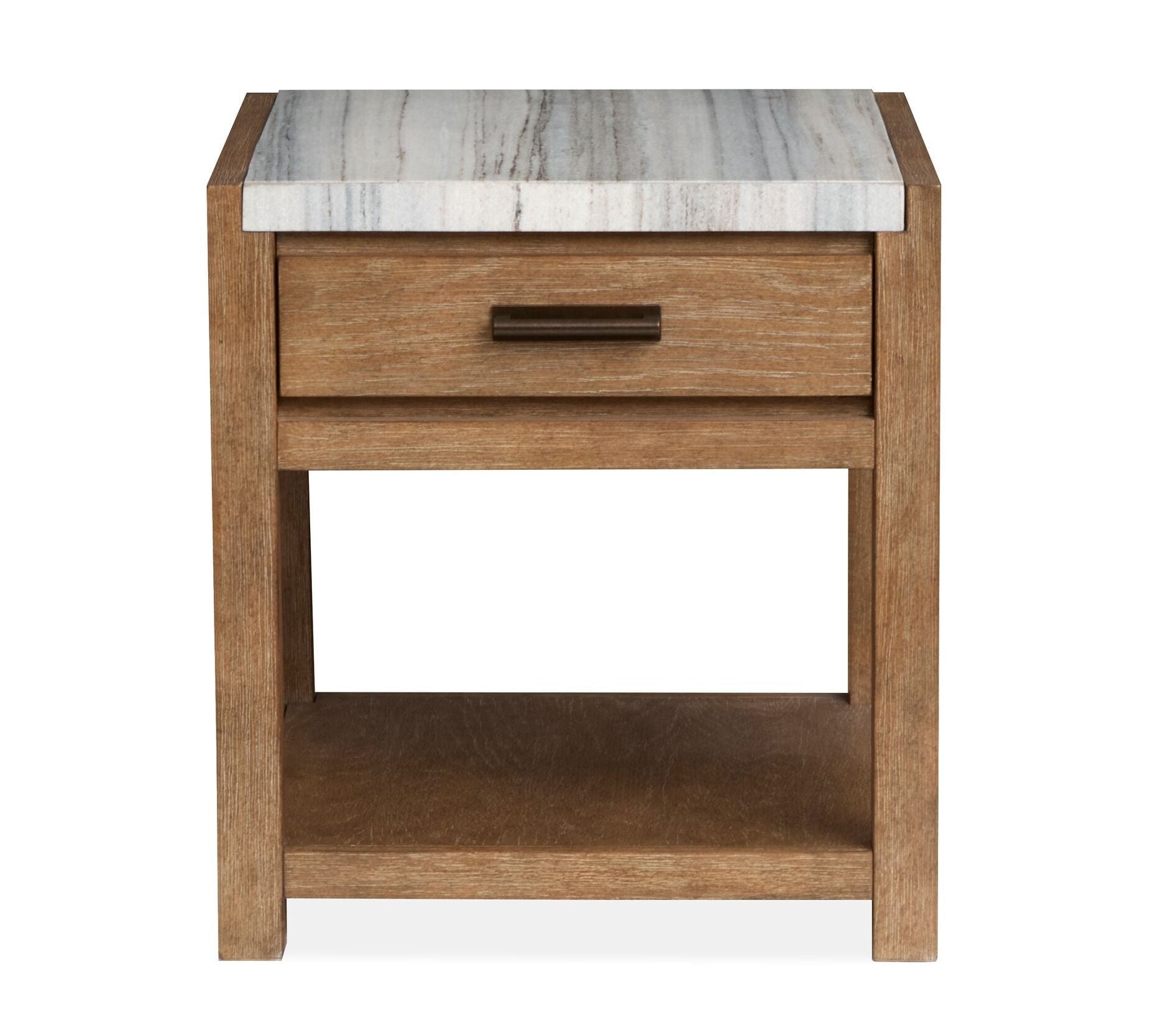 Plum Creek marble top end table with Sierra Brown wood base and oil-rubbed bronze hardware
