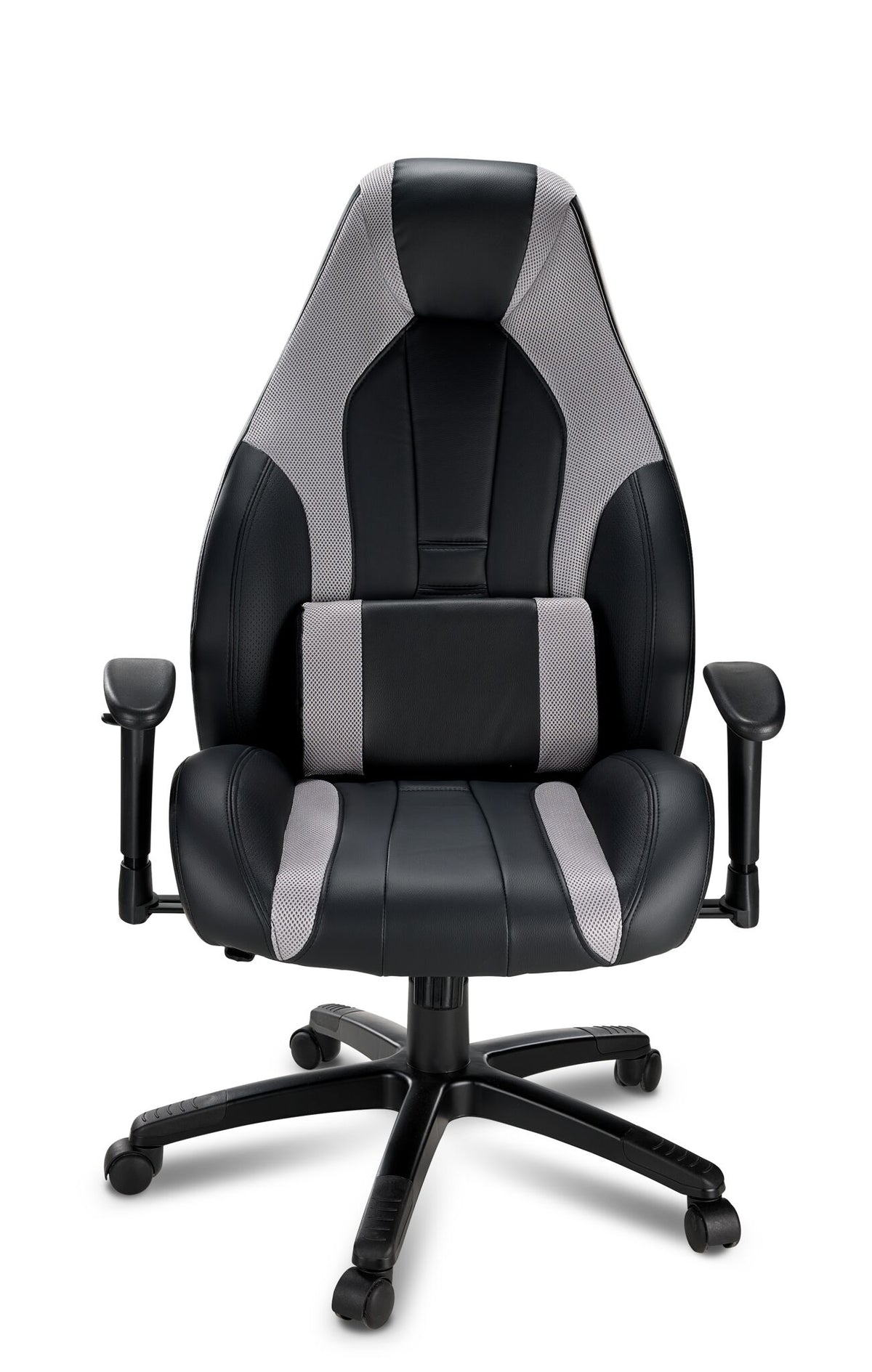 Front view of Dixon black and grey leather-look gaming chair with lumbar cushion, padded seat and grey mesh accents