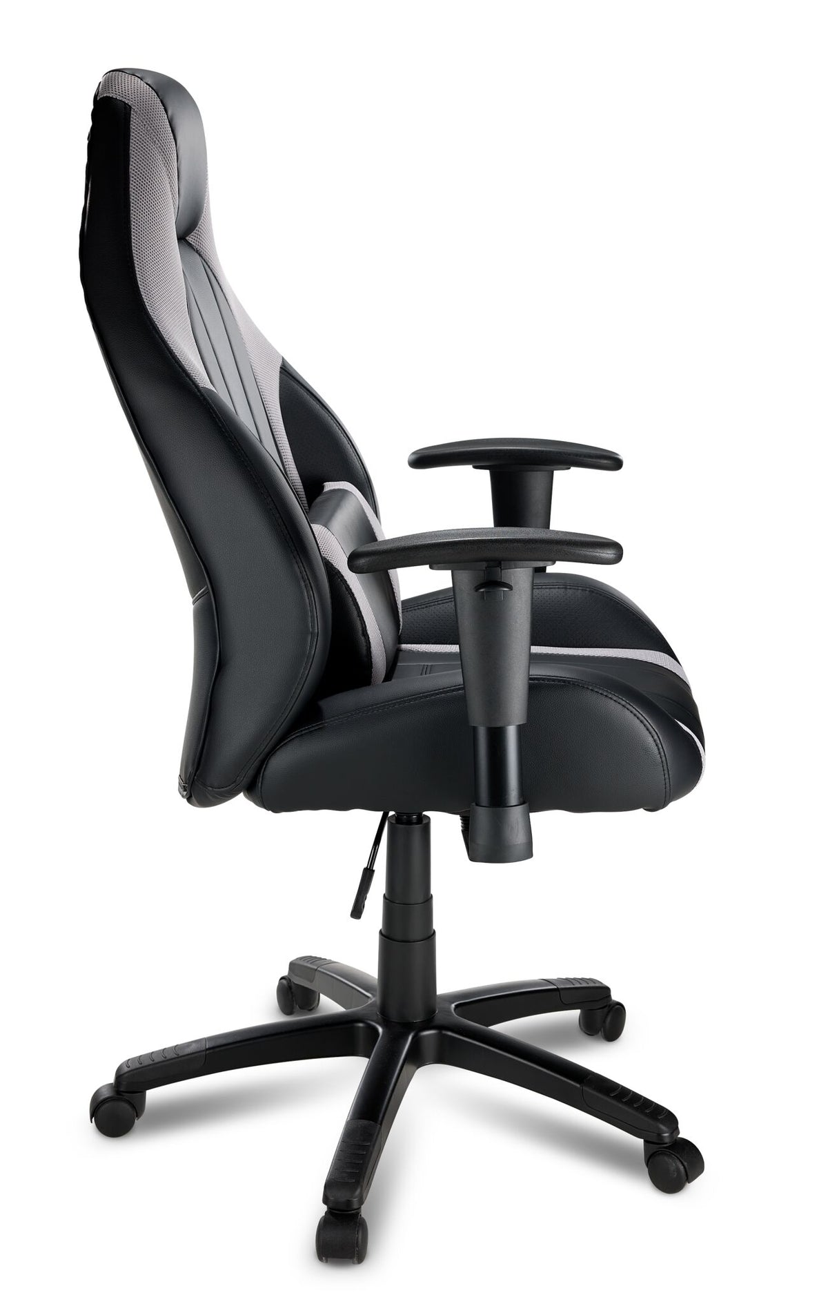 Side view of Dixon black and grey leather-look gaming chair showing high back, padded seat, armrests and wheeled base