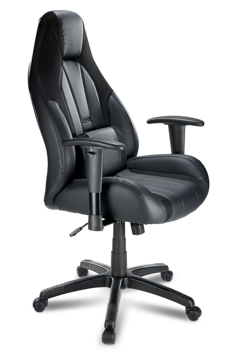 Dixon black leather-look gaming chair with high back, lumbar cushion, armrests and five-wheel caster base