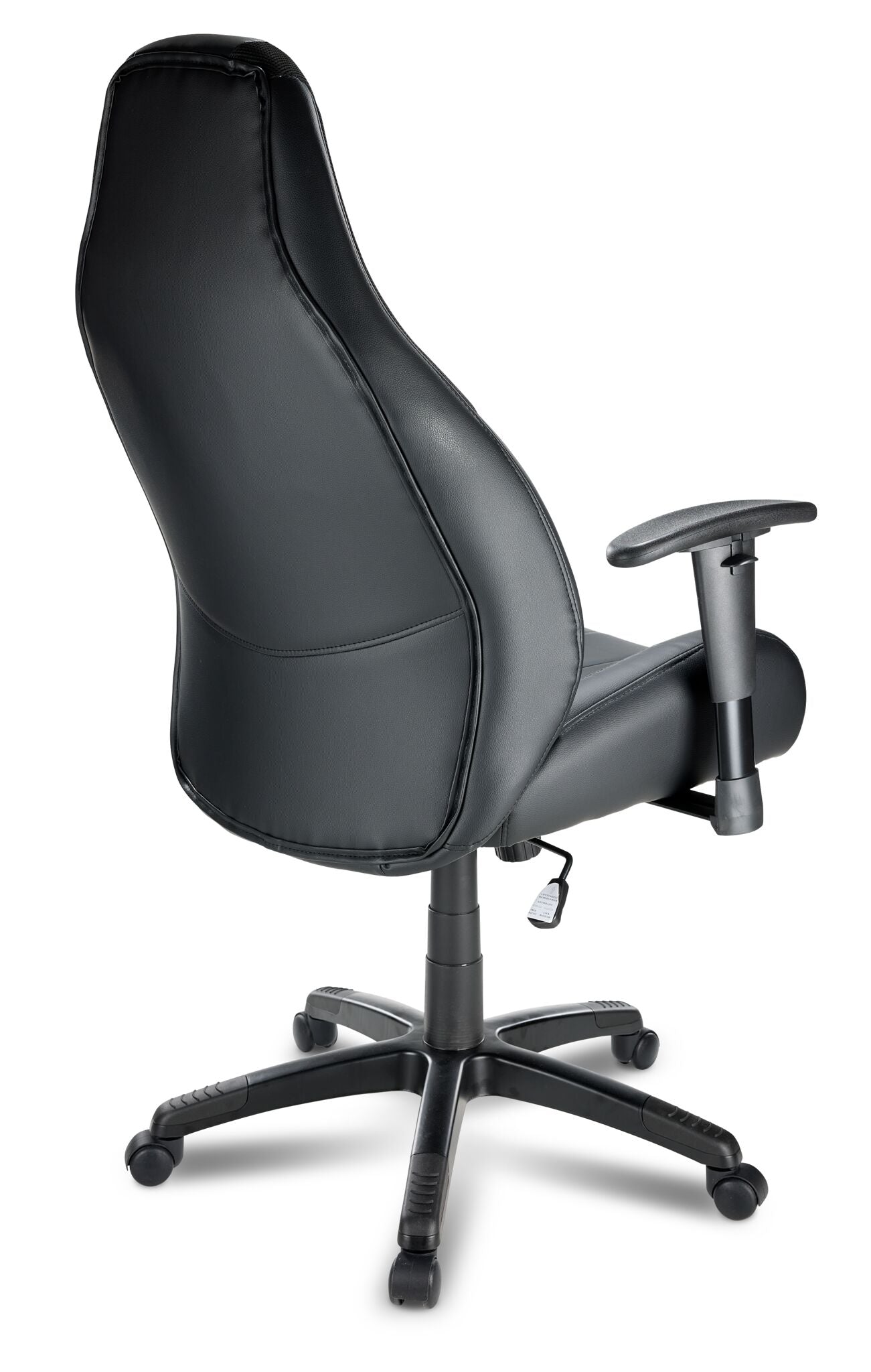 Rear view of Dixon black leather-look gaming chair with high contoured back, armrests and wheeled base