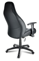 Rear view of Dixon black leather-look gaming chair with high contoured back, armrests and wheeled base