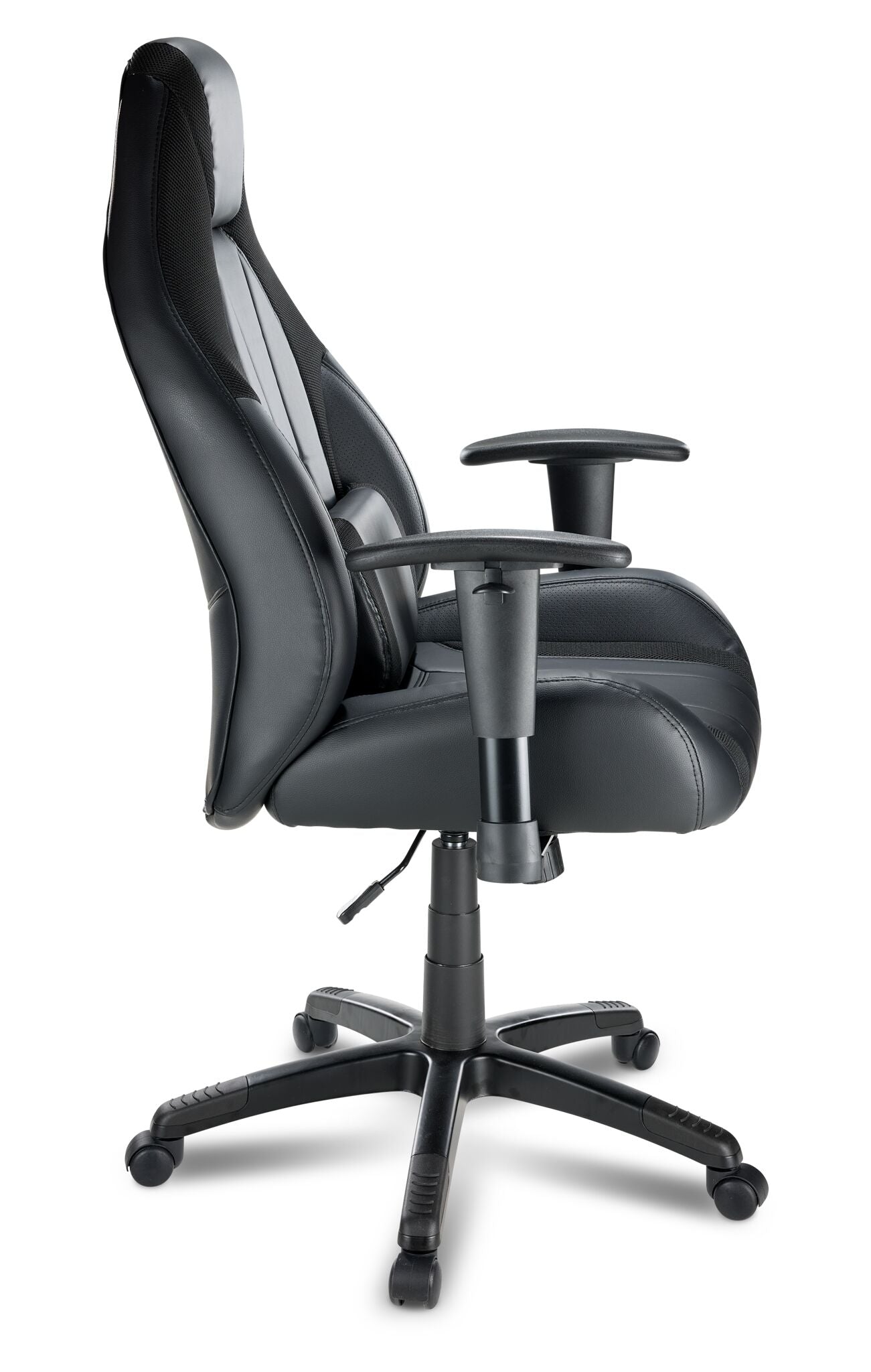 Side view of Dixon black leather-look gaming chair showing high back, padded seat, armrests and caster base