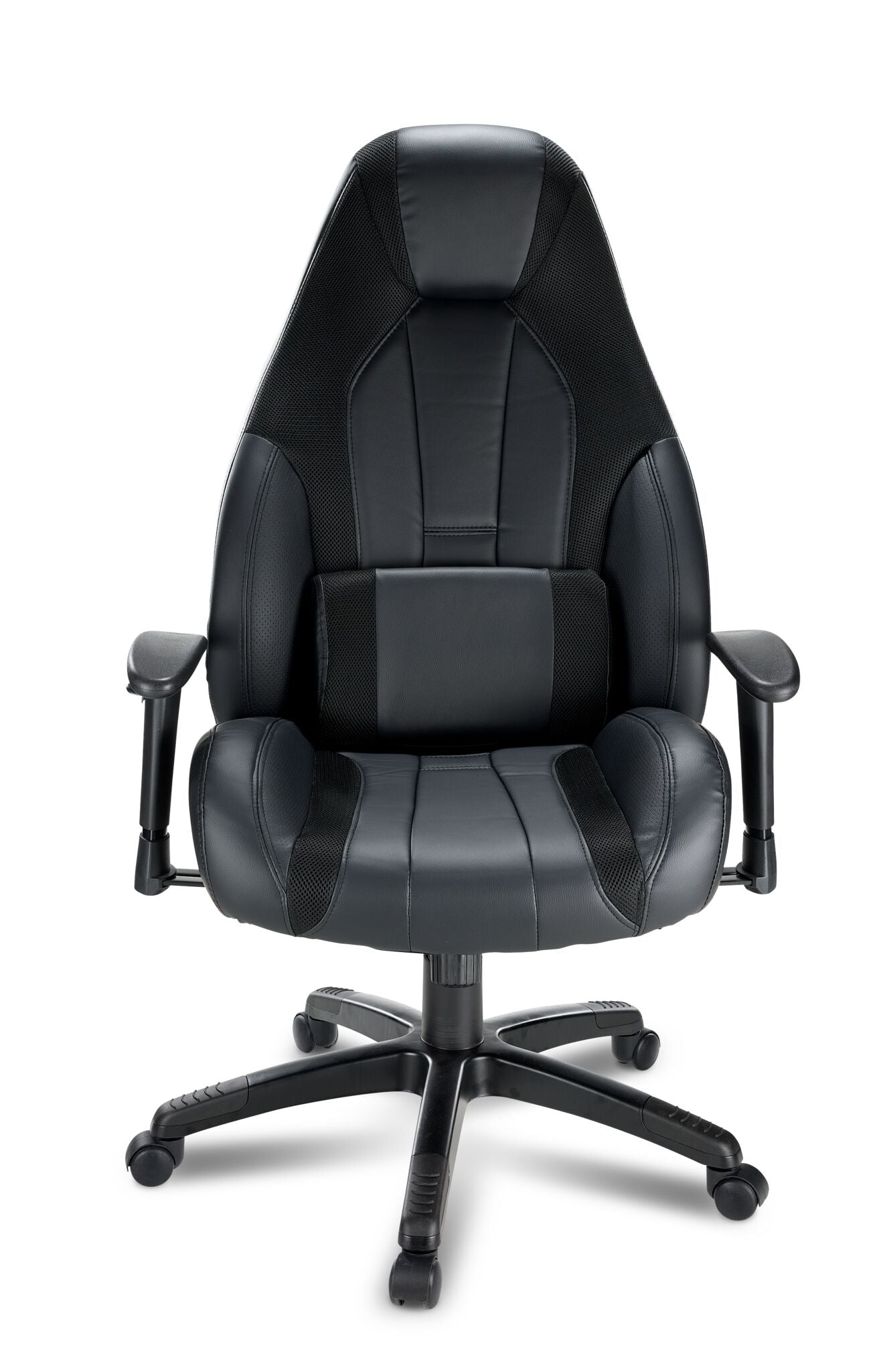 Front view of Dixon black leather-look gaming chair with lumbar cushion, padded seat and adjustable armrests