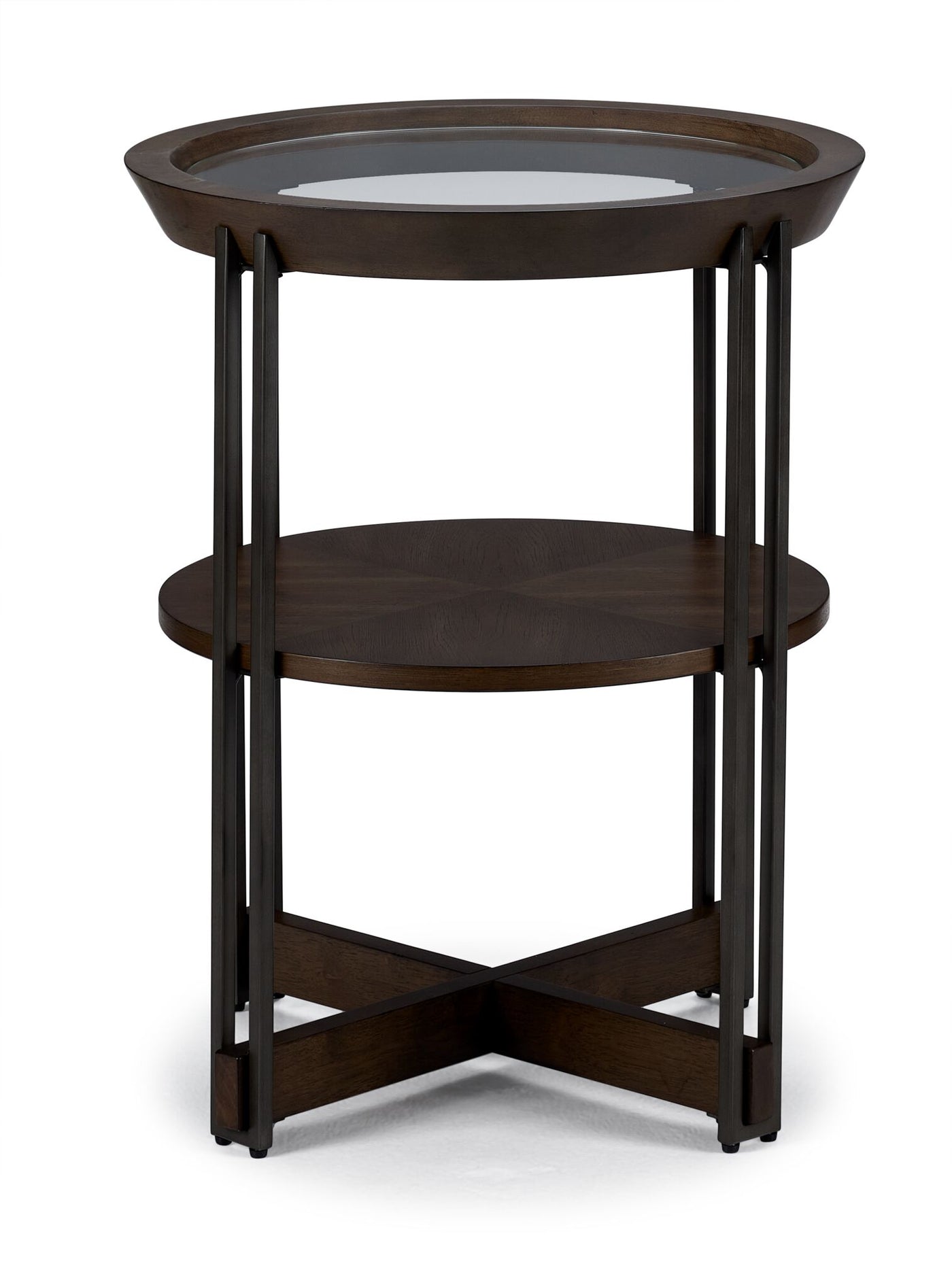 Elora 20" Round End Table -Walnut and Tarnished Silver Finish