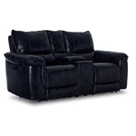 Fabio Leather Dual Power Reclining Sofa and Loveseat with Console Set - Dark Blue