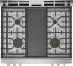 Top view of Frigidaire Professional 30-inch gas range cooktop with four gas burners, cast iron grates and centre griddle