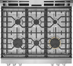 Top view of Frigidaire Professional stainless steel gas range with six gas burners and continuous cast iron cooking grates