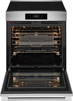 Frigidaire Professional 30-inch stainless steel induction range shown from a three-quarter angle with smooth black cooktop, digital controls and large oven window