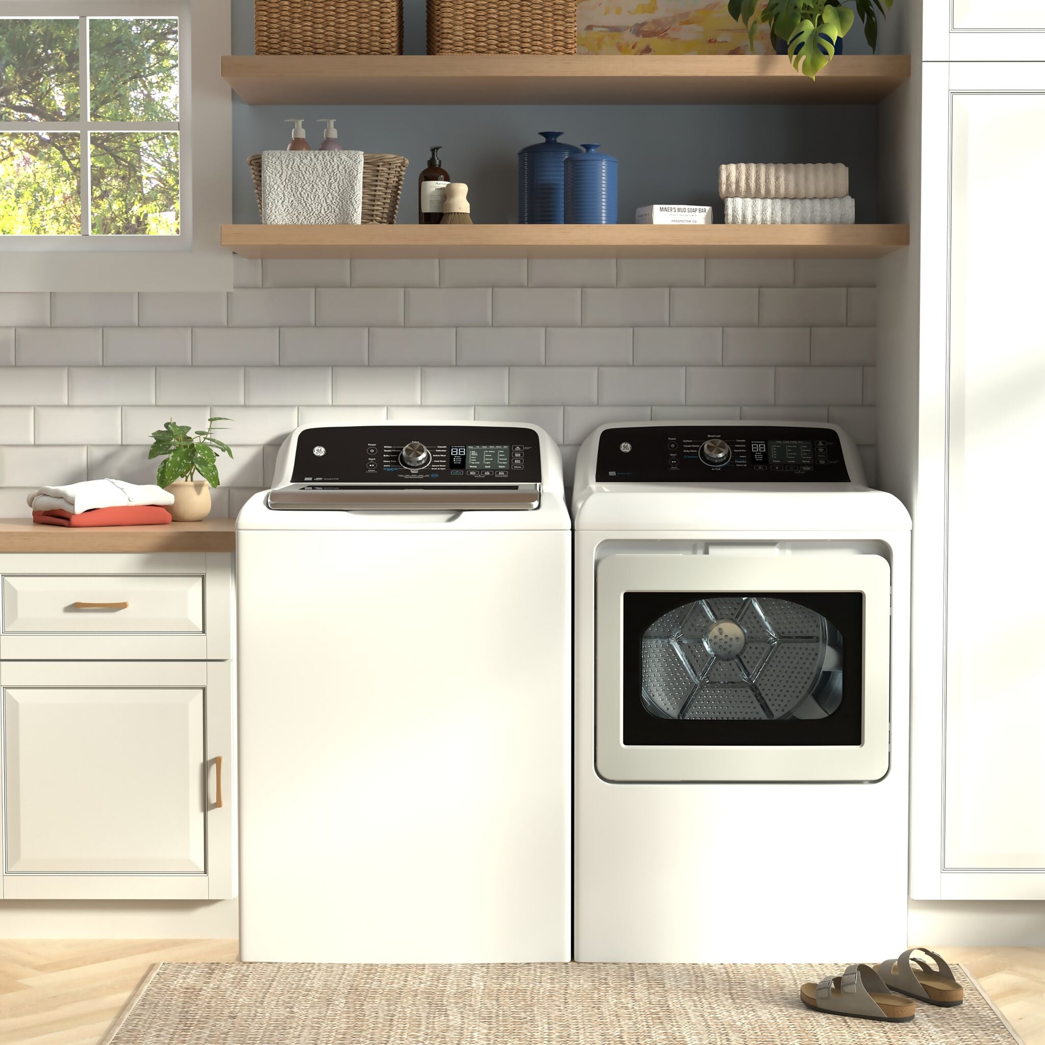 GE White Top Load Washer (5.3 Cu. Ft.) & Gas Dryer with SaniFresh (7.4 cu.ft.) - GTW681BMRWS/GTD68GBMRWS