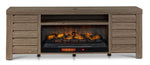 Great Falls 83.75" Fireplace TV Stand - Grey front view with glowing electric fireplace, closed side cabinets and open media shelf