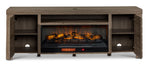 Great Falls 83.75" Fireplace TV Stand - Grey with both cabinet doors open to reveal interior shelving