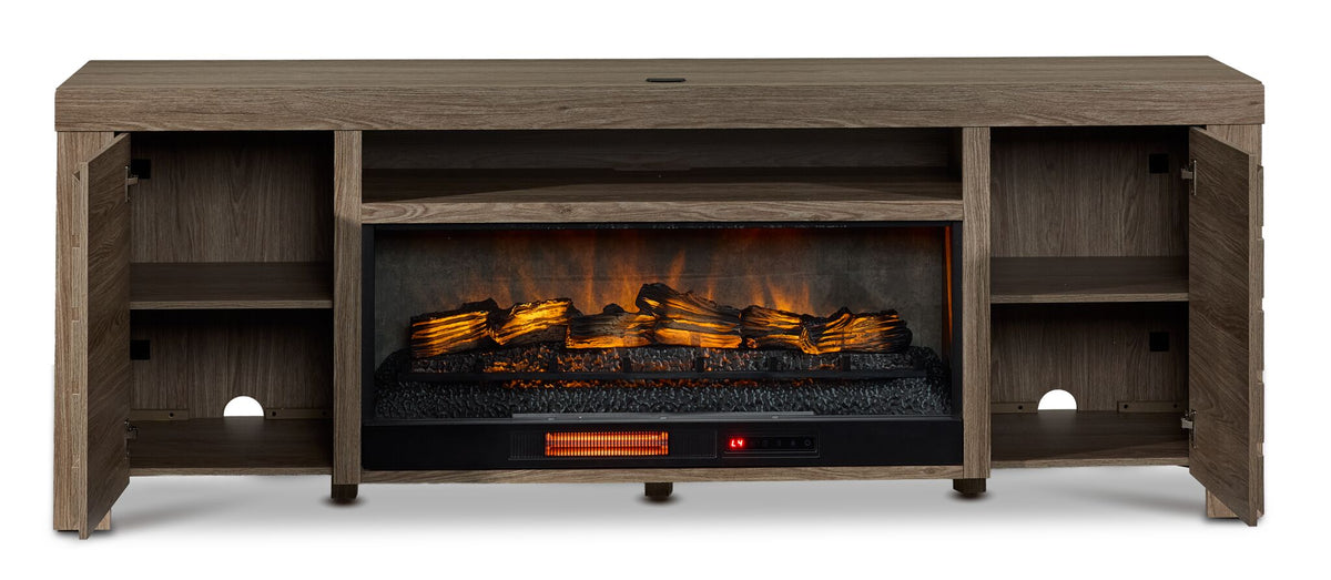 Great Falls 83.75" Fireplace TV Stand - Grey with both cabinet doors open to reveal interior shelving