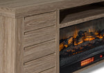 Close-up of Great Falls 83.75" Fireplace TV Stand - Grey showing wood-grain finish and glowing fireplace