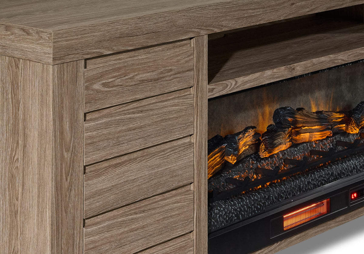 Close-up of Great Falls 83.75" Fireplace TV Stand - Grey showing wood-grain finish and glowing fireplace