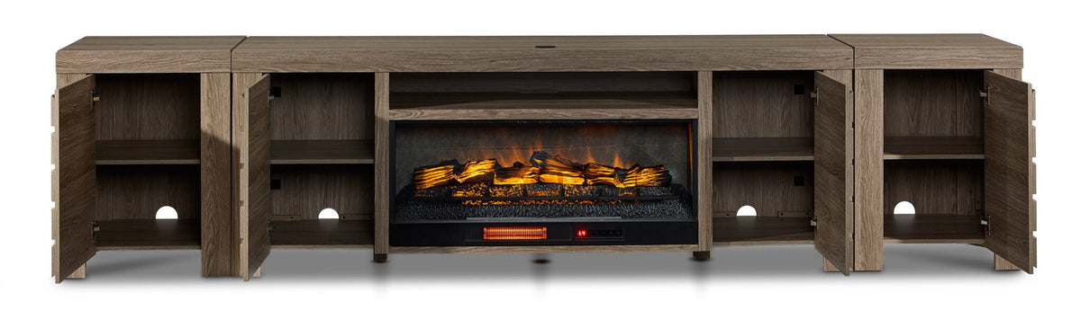 Great Falls 3-Piece Fireplace Entertainment Unit - Grey with fireplace and four open cabinets showing shelves and cable openings