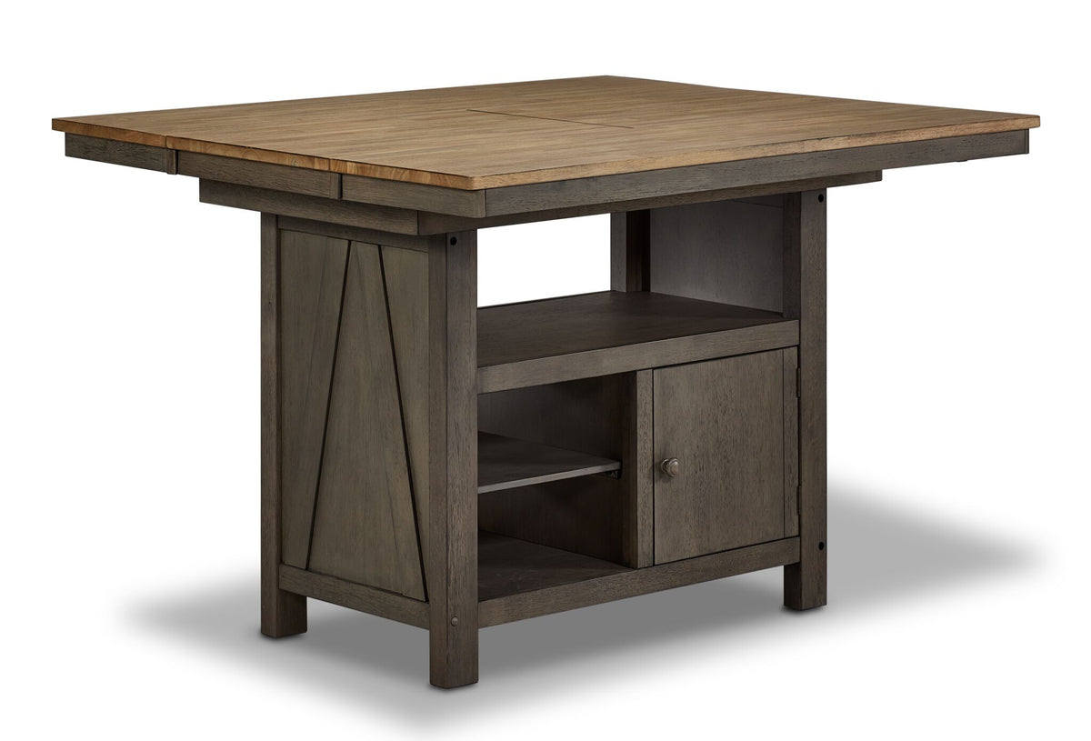 Harvest Ridge Counter Height Table - Grey, Sandstone with extended tabletop, open shelving and cabinet storage