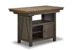 Harvest Ridge Counter Height Table - Grey, Sandstone with open shelving, cabinet storage and two-tone wood finish