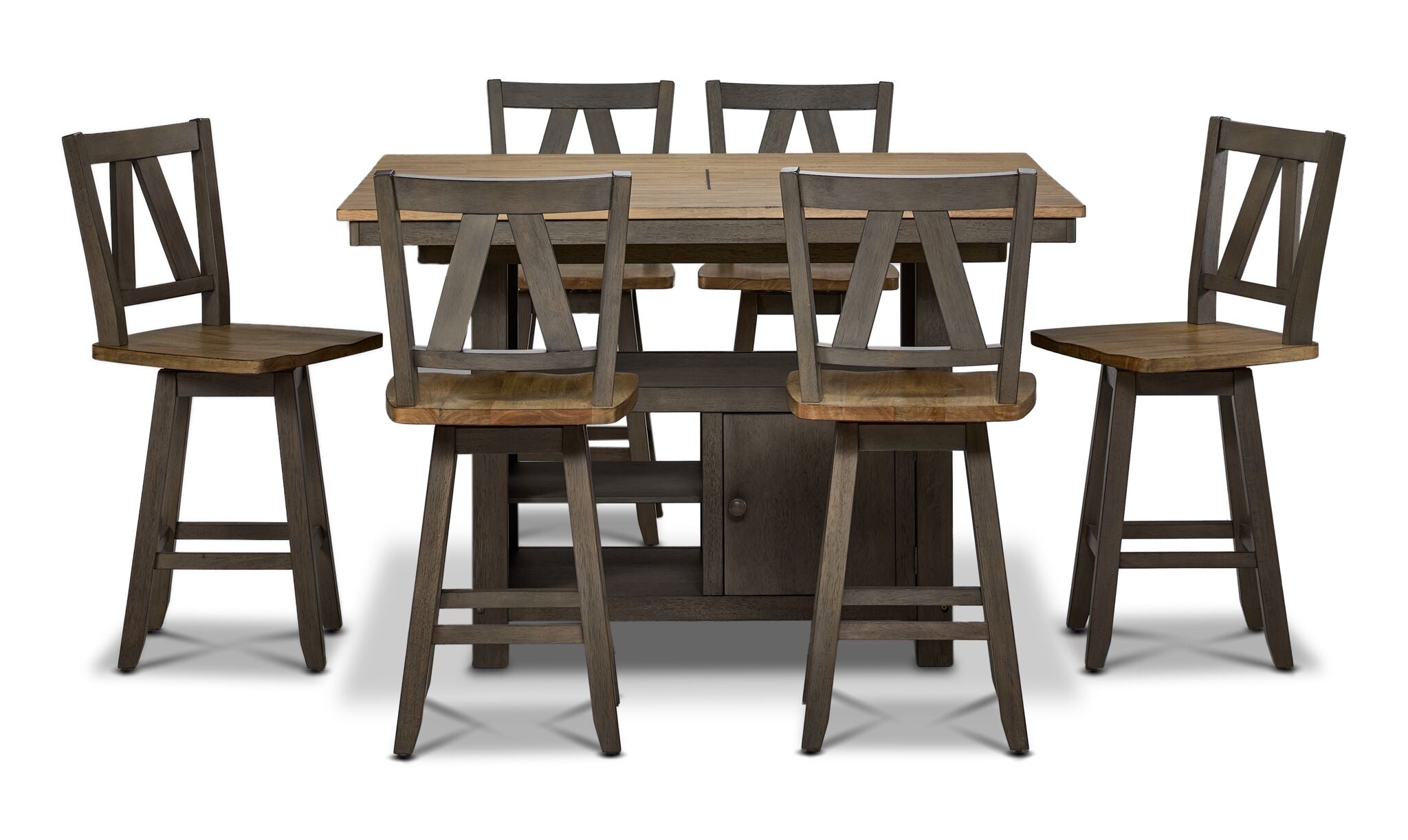 Harvest Ridge 7-Piece Counter Height Dining Set - Grey, Sandstone, front view with table and six swivel chairs
