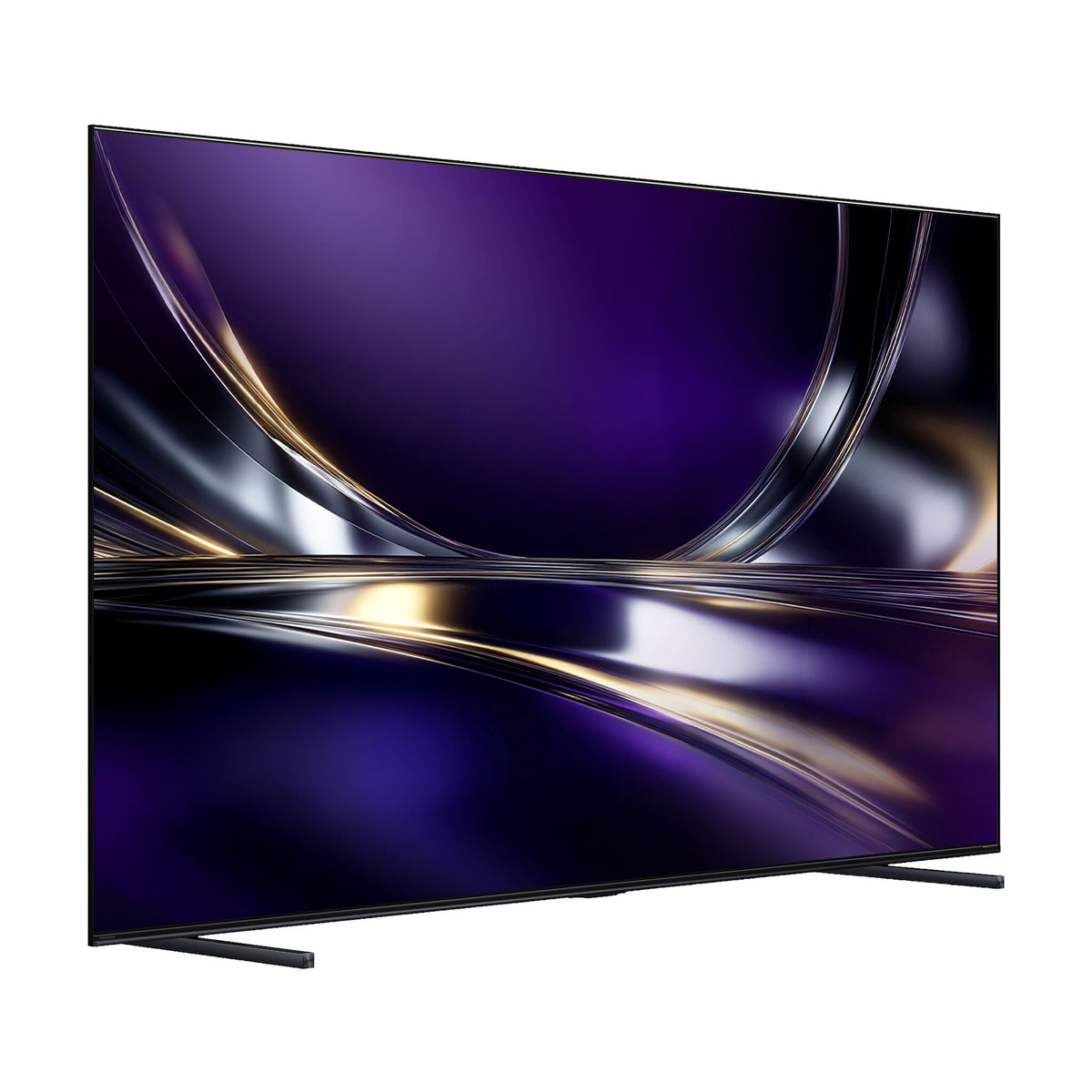 Hisense 100-inch QLED Mini-LED AI TV with slim black bezel and two black support feet, angled view