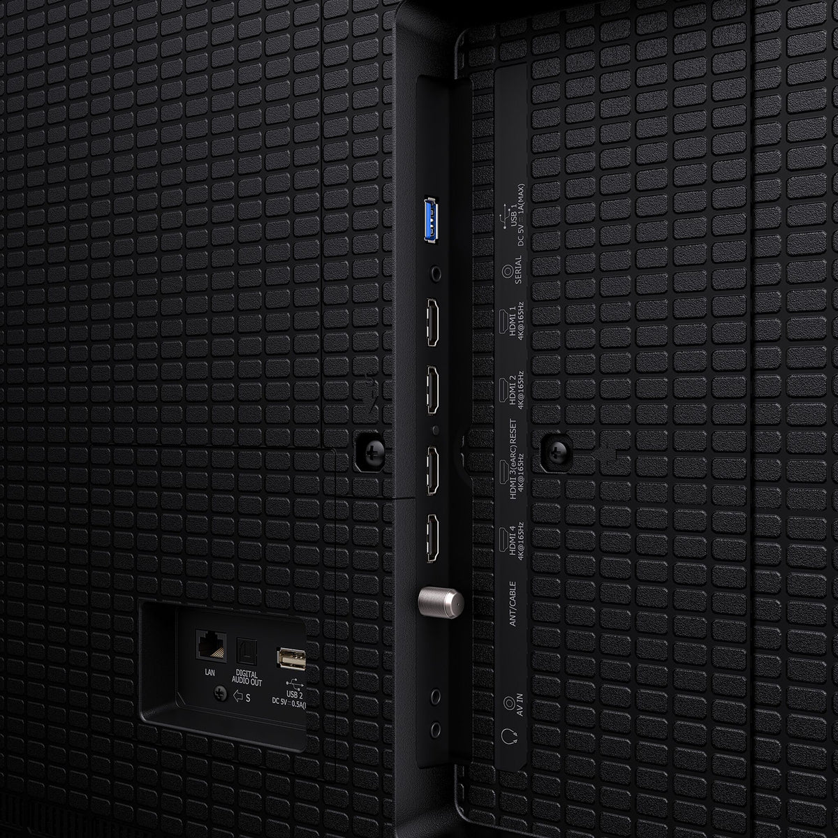 Close-up of the Hisense 100-inch QLED Mini-LED AI TV rear panel showing HDMI, USB, LAN and other connections