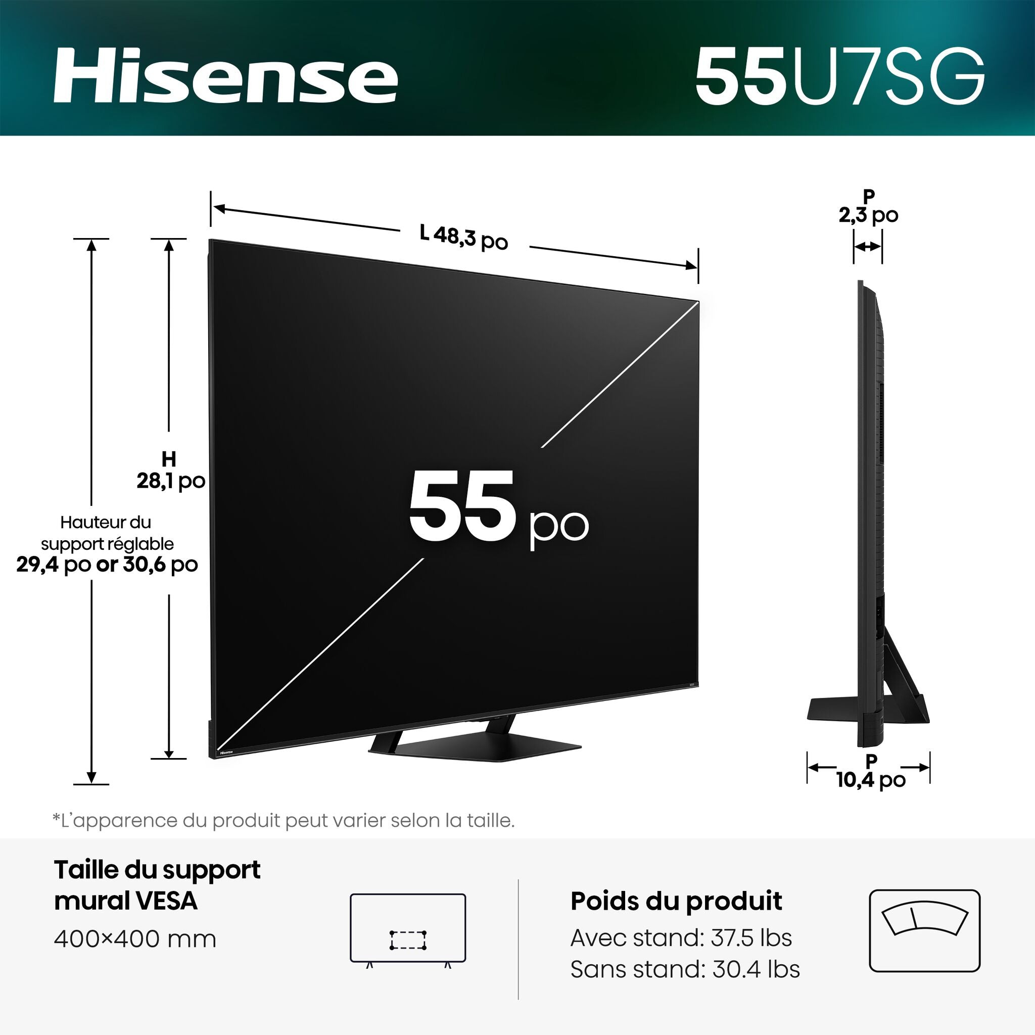 Hisense Téléviseur intelligent 55po QLED MiniDEL IA UHD 4K 165Hz avec GoogleTV – 55U7SG--