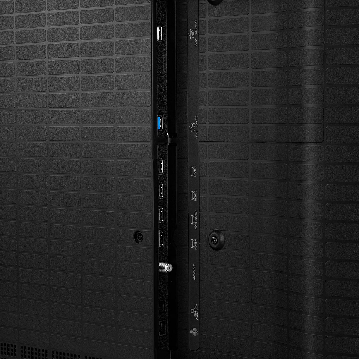 Close-up of the Hisense 75-inch QLED Mini-LED AI TV rear connection panel with HDMI and USB ports