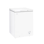 Three-quarter view of Hisense white 5.0 cu. ft. convertible chest freezer with seamless exterior, closed lid, recessed handle and front temperature control dial