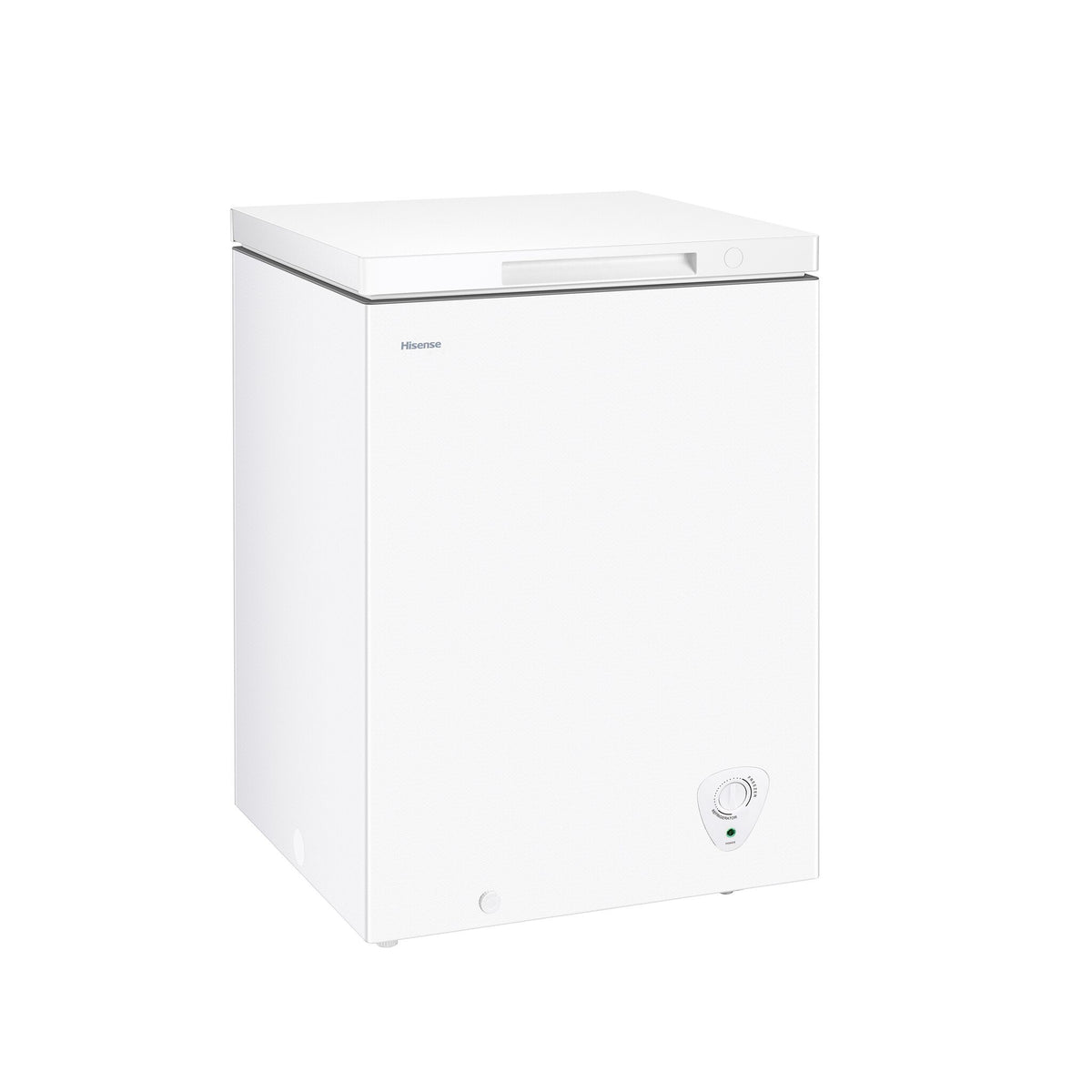 Three-quarter view of Hisense white 5.0 cu. ft. convertible chest freezer with seamless exterior, closed lid, recessed handle and front temperature control dial