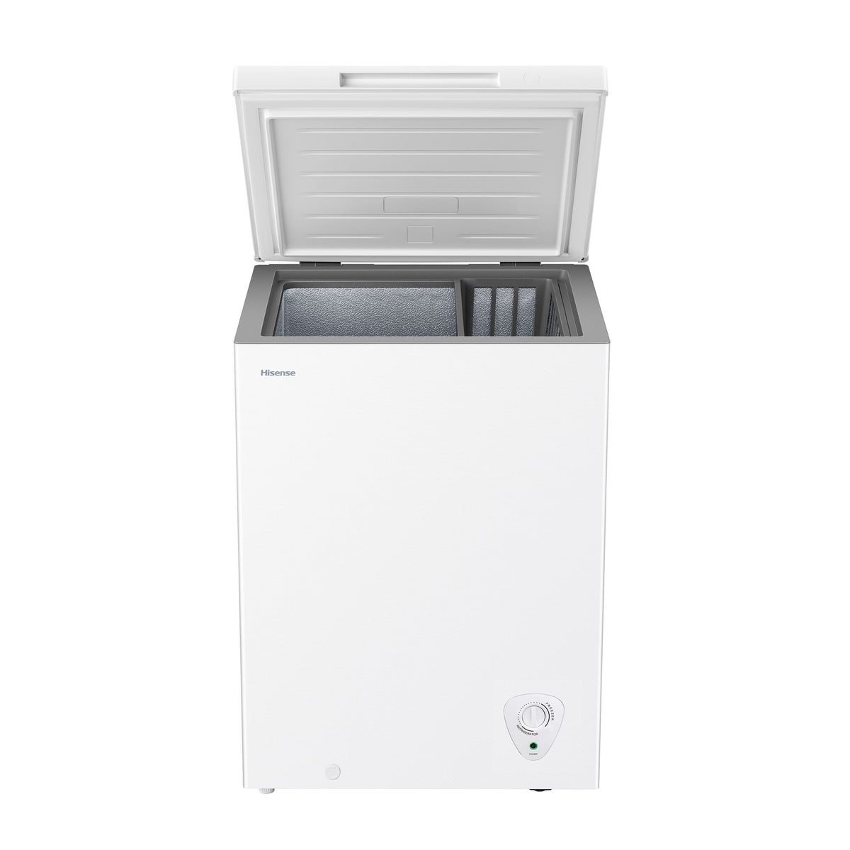 Front view of Hisense white 5.0 cu. ft. convertible chest freezer with lid open, showing the interior storage space and removable basket
