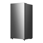 Three-quarter view of Hisense silver 22-inch 6 cu. ft. convertible upright freezer showing the reversible door, slim profile and dark side panel