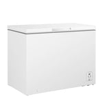 Three-quarter view of Hisense white 10.5 cu. ft. garage ready convertible chest freezer with closed lid, recessed handle and front temperature control panel